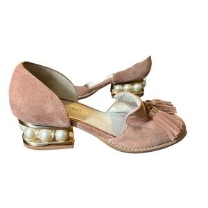 Jeffrey Campbell Civil Pearl Heel Pink Suede Cutout Tassel Loafers Size 5.5